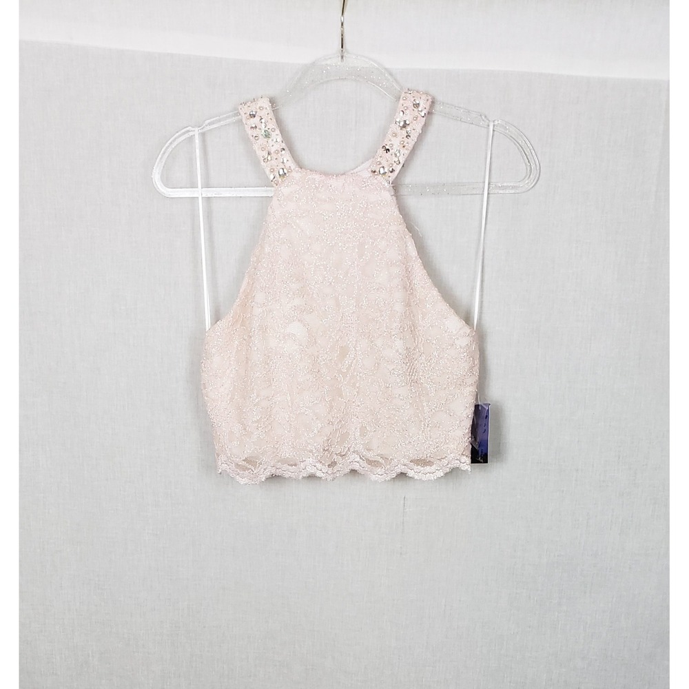 Morgan & Co Blush Pink Lace Halter Crop Top Beaded Rhinestone Formal  11/12 Prom